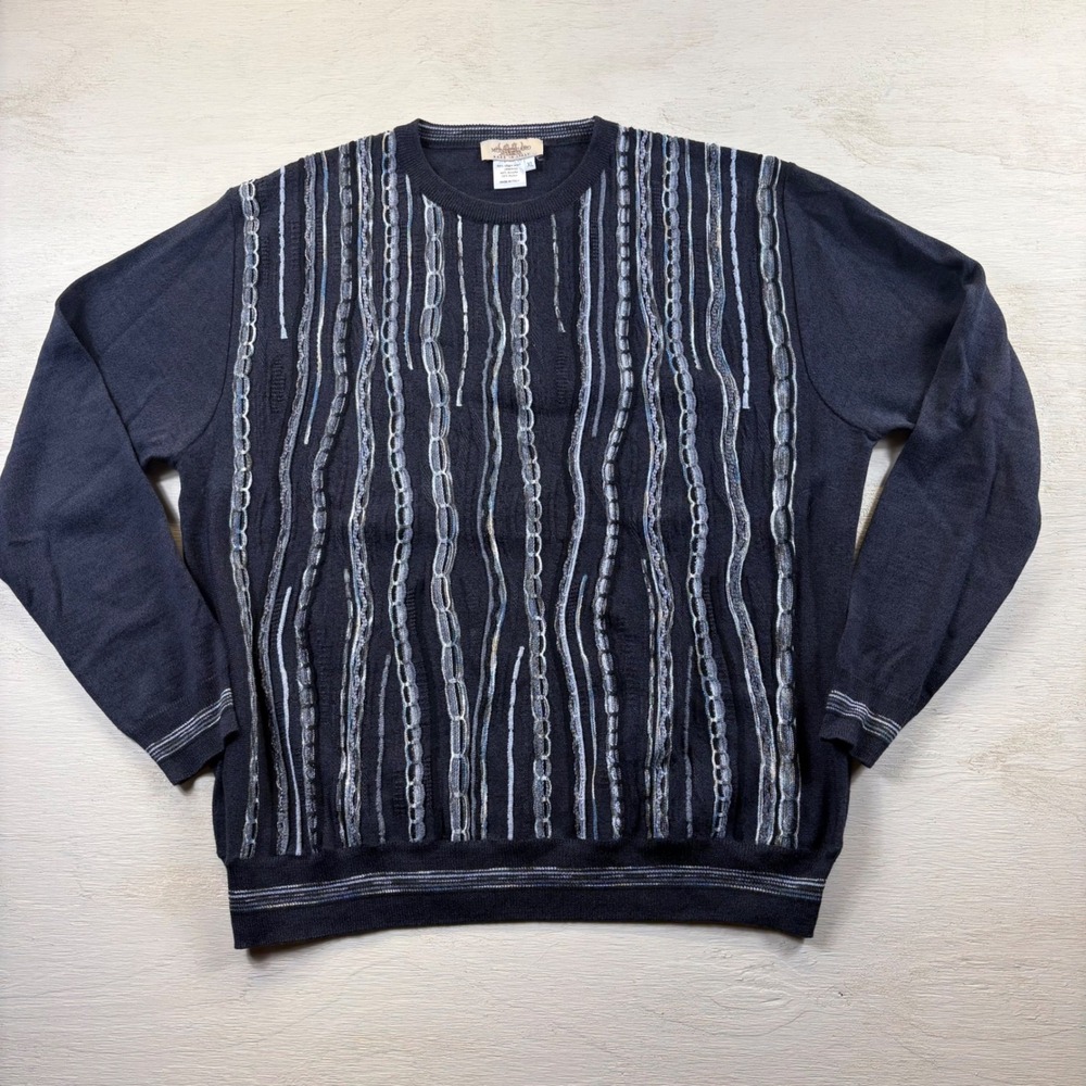 Montechiaro Vtg Mens XL Black Merino Wool Blend 3D Knit Sweater Made in Italy